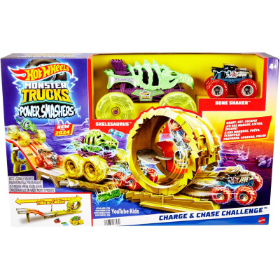 Игровой набор машинок Атака и погоня Hot Wheels Monster Trucks Power Smashers Charge Skelesaurus 